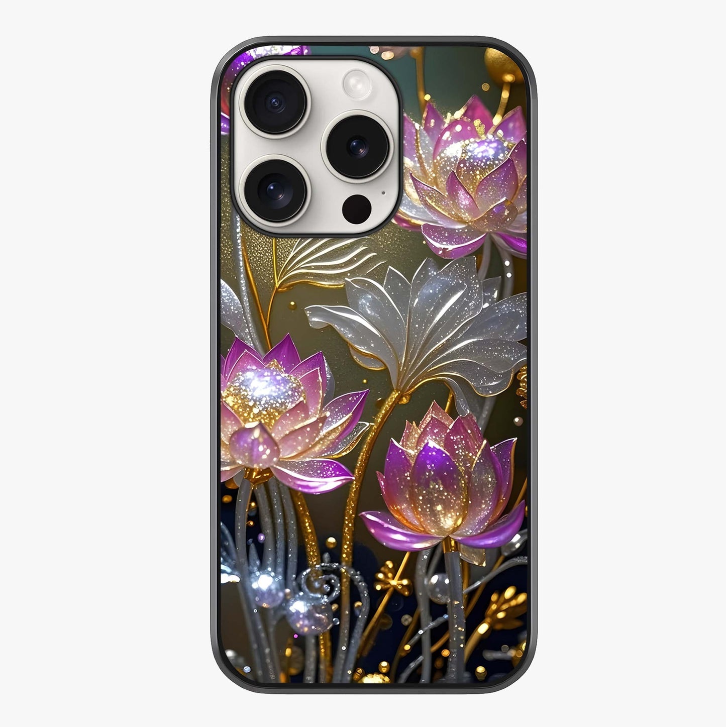 Golden Lotus Glow Glass Case showing full back design in clean flat view with glossy glass finish.