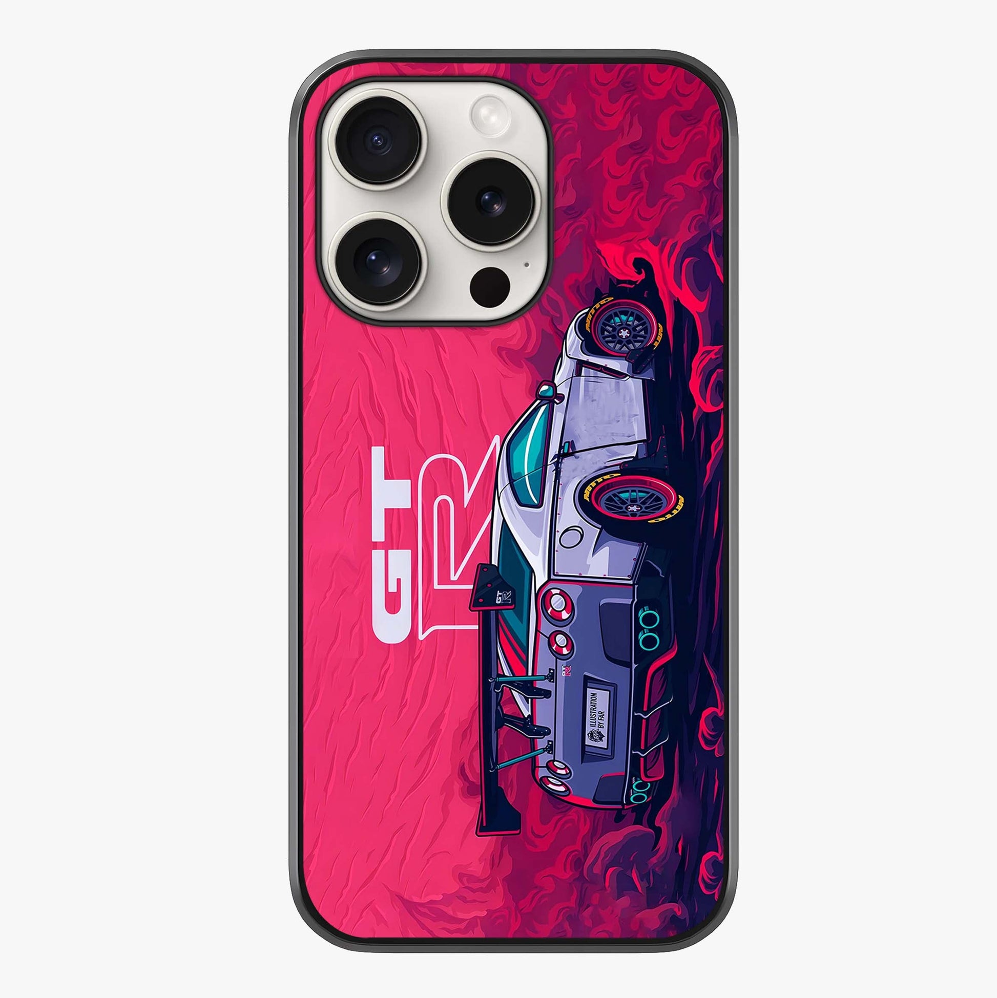 GT R Car Pattern Glass Case showing full back design in clean flat view with glossy glass finish.