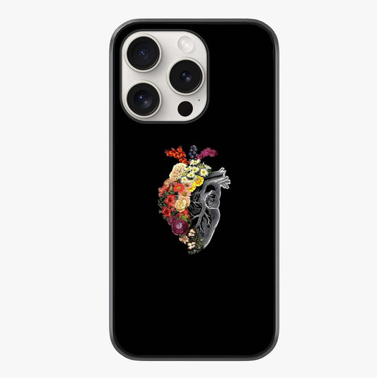 Heart With Flowers Glass Case showing full back design in clean flat view with glossy glass finish.