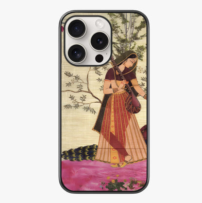 Lady With Veena Art Glass Case showing full back design in clean flat view with glossy glass finish.