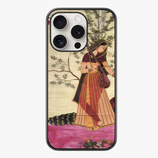 Lady With Veena Art Glass Case showing full back design in clean flat view with glossy glass finish.