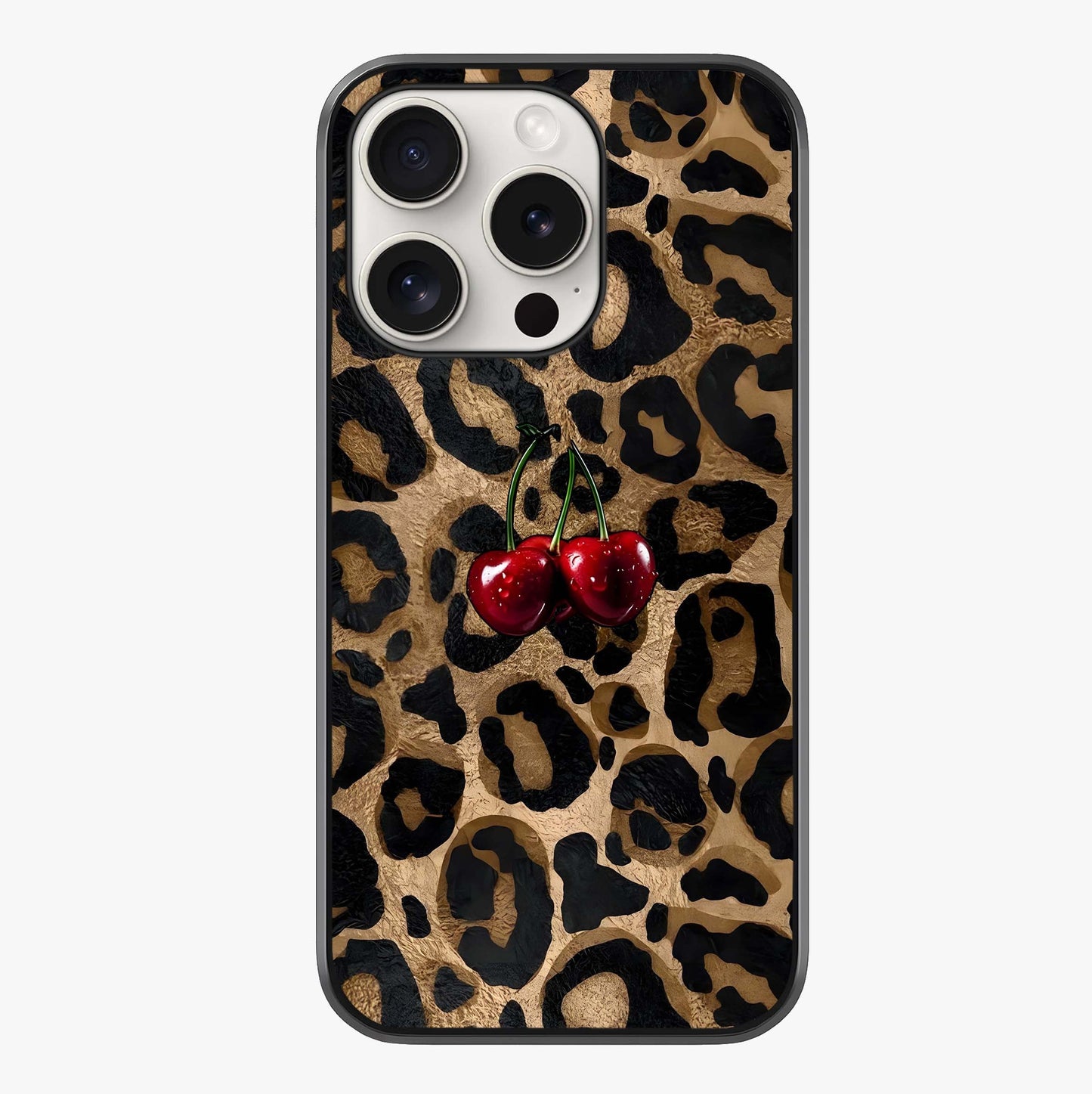 Leopard Wild Cherry Glass Case showing full back design in clean flat view with glossy glass finish.