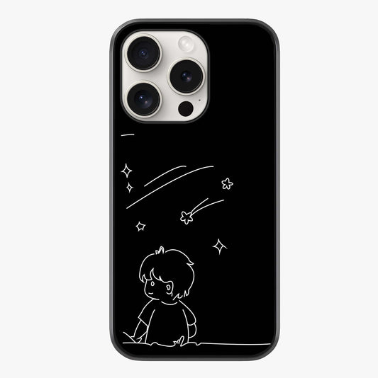 Line Art Boy With Shooting Stars Glass Case showing full back design in clean flat view with glossy glass finish.