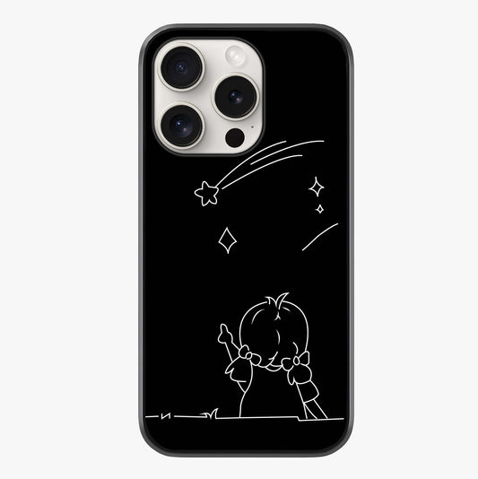 Line Art Girl With Shooting Stars Glass Case showing full back design in clean flat view with glossy glass finish.
