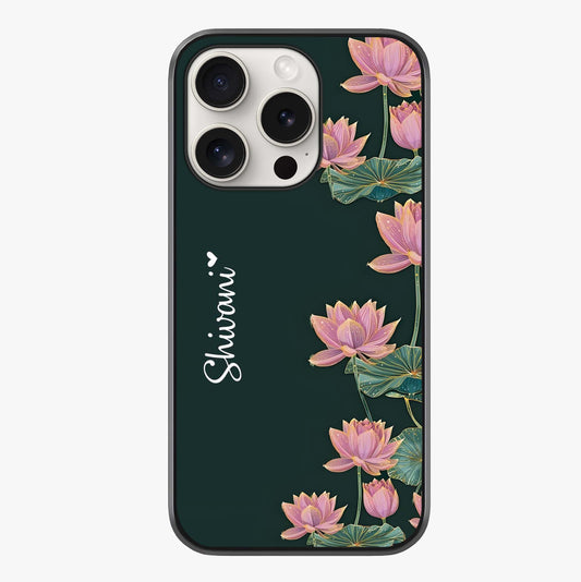 Lotus Bloom Serenity Custom Name Glass Case showing full back design in clean flat view with glossy glass finish.