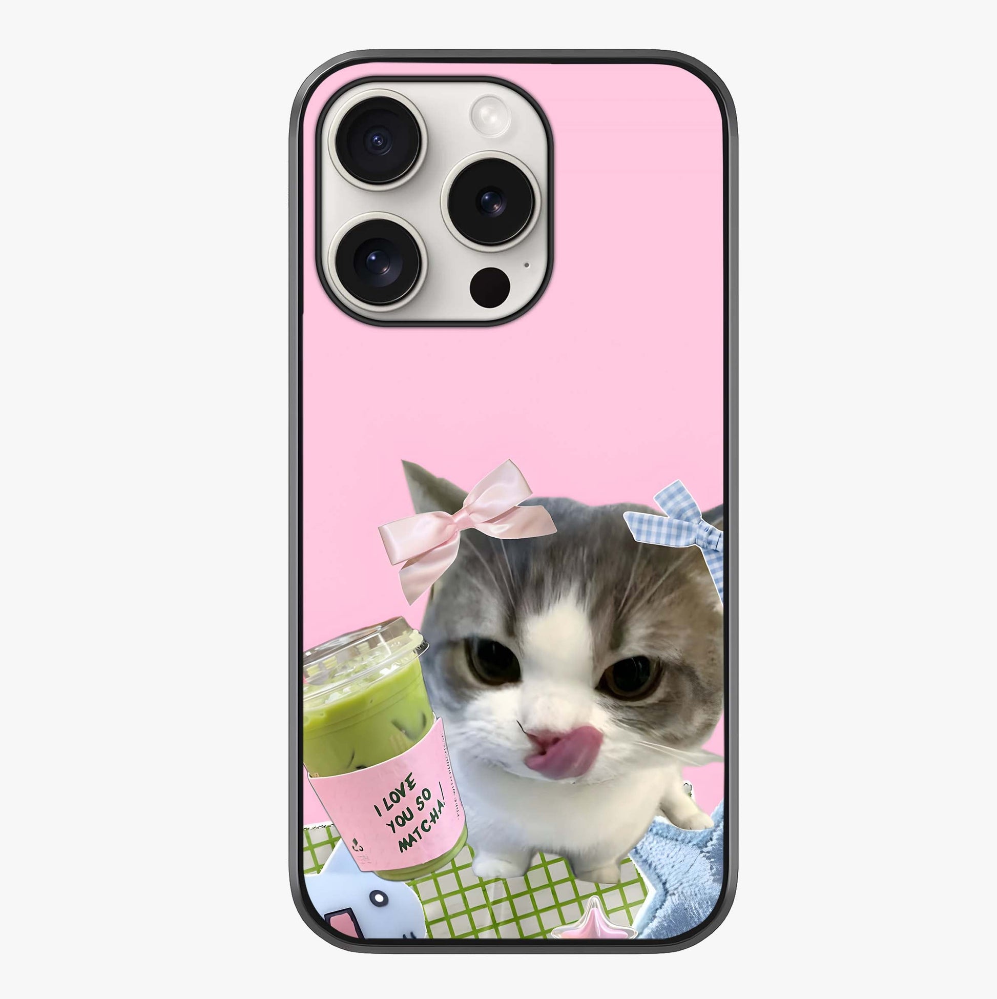 Love Matcha Cat Glass Case showing full back design in clean flat view with glossy glass finish.