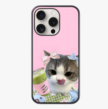 Love Matcha Cat Glass Case showing full back design in clean flat view with glossy glass finish.