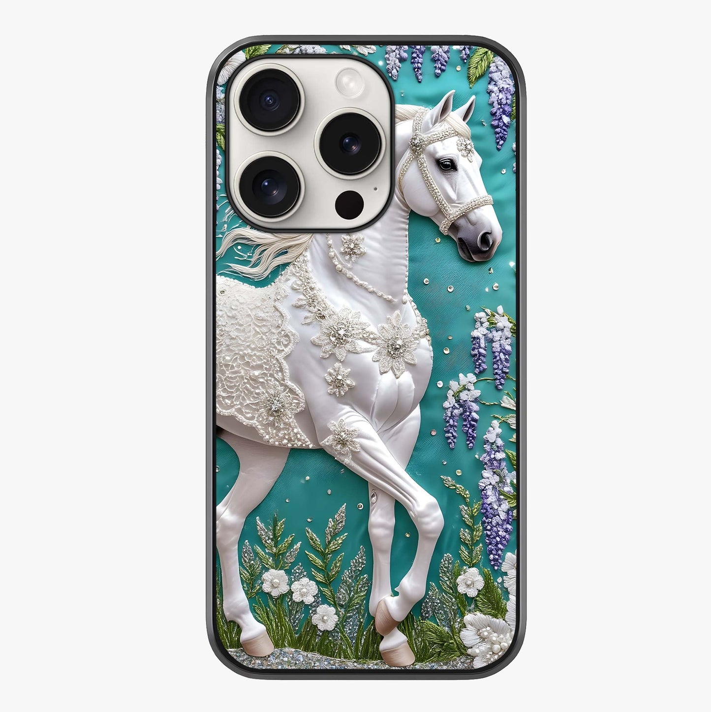 Majestic Floral Stallion Glass Case showing full back design in clean flat view with glossy glass finish.