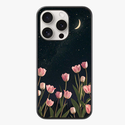 Midnight Tulip Whispers Vibe Glass Case showing full back design in clean flat view with glossy glass finish.