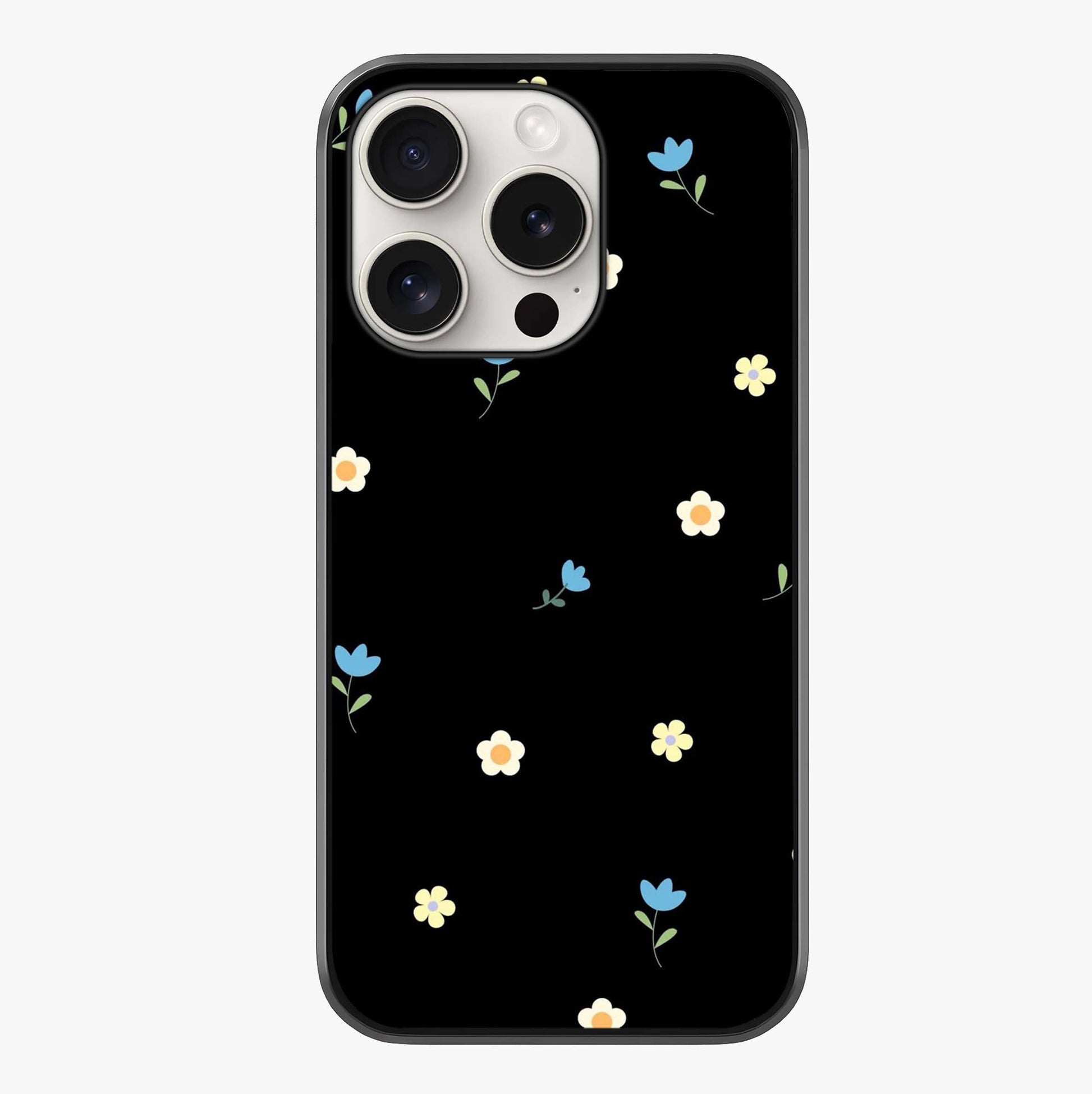 Minimalistic Blue With White Flower Pattern Glass Case showing full back design in clean flat view with glossy glass finish.