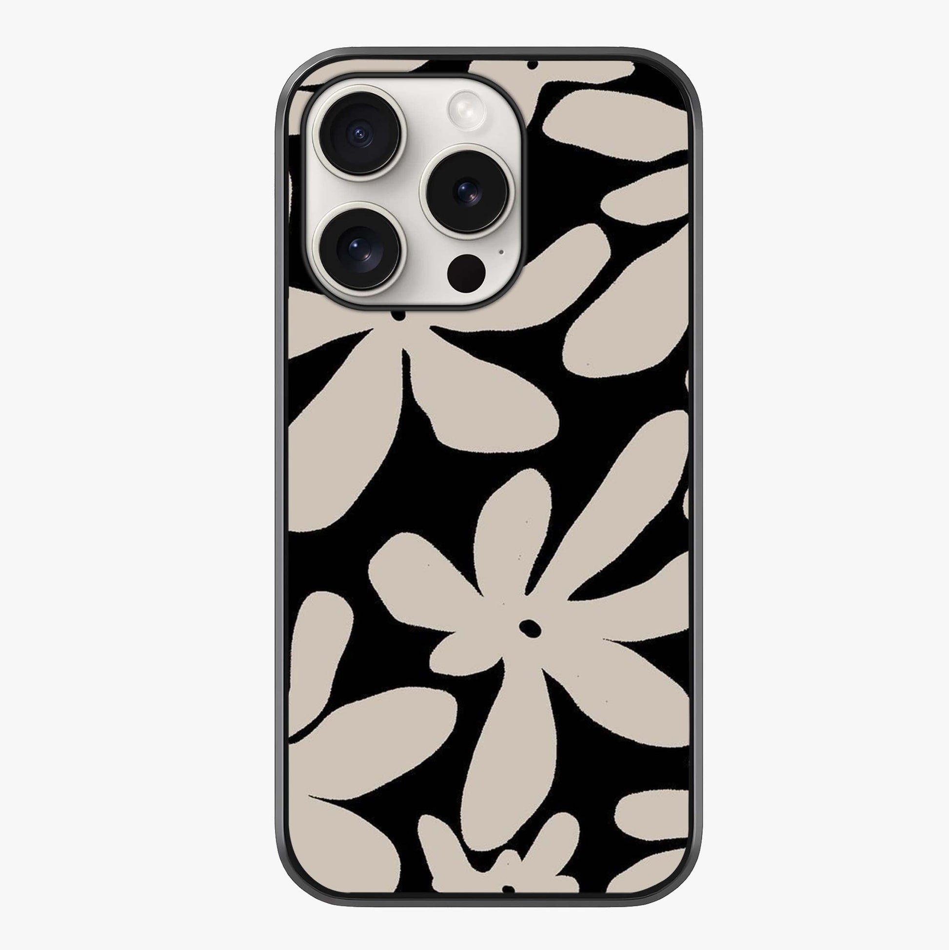 Monochrome Petal Dance Glass Case showing full back design in clean flat view with glossy glass finish.