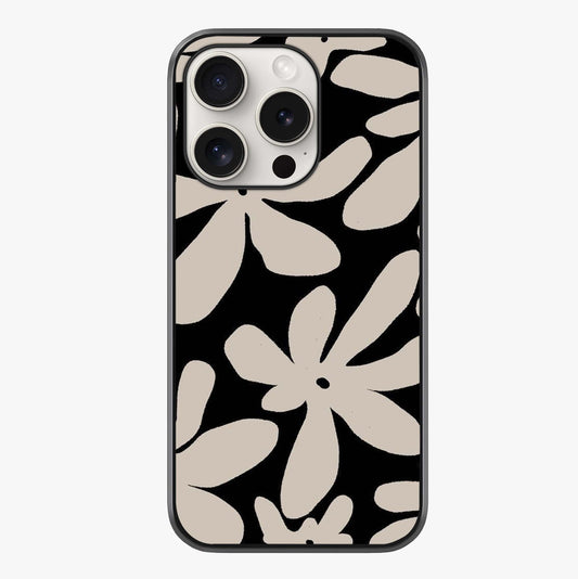 Monochrome Petal Dance Glass Case showing full back design in clean flat view with glossy glass finish.