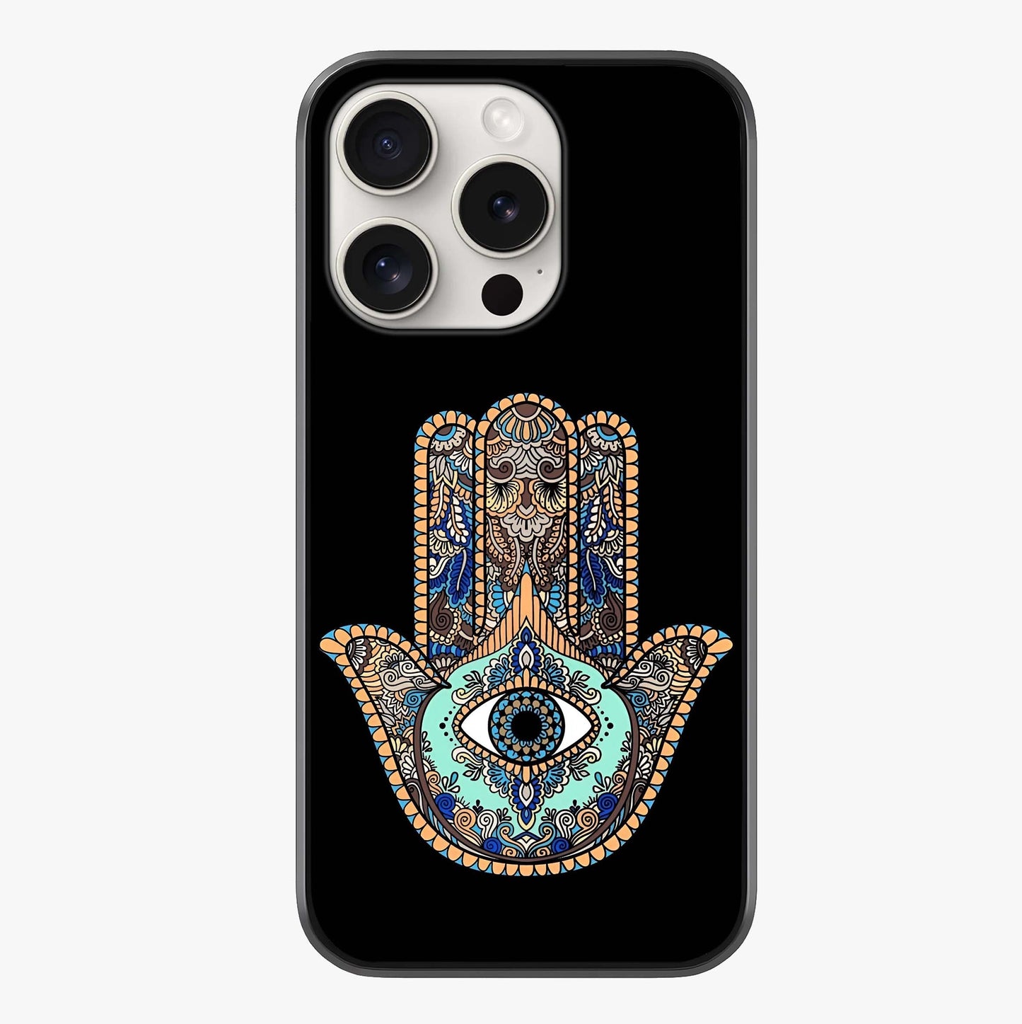 Mystic Hamsa Eye Glass Case showing full back design in clean flat view with glossy glass finish.