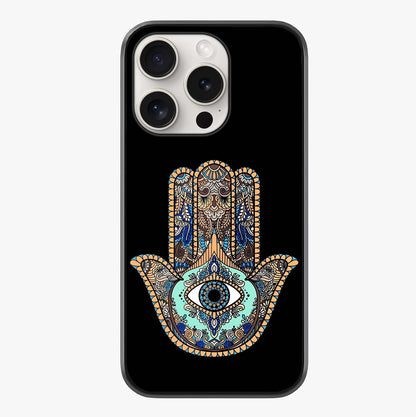 Mystic Hamsa Eye Glass Case showing full back design in clean flat view with glossy glass finish.