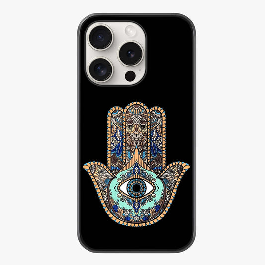 Mystic Hamsa Eye Glass Case showing full back design in clean flat view with glossy glass finish.