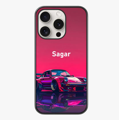 Neon Pink Porsche Glass Case showing full back design in clean flat view with glossy glass finish.
