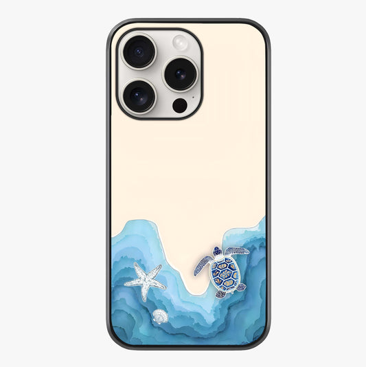 Ocean Drift Turtle Glass Case showing full back design in clean flat view with glossy glass finish.