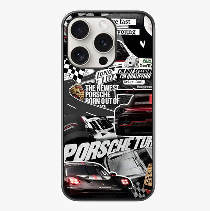 Porsche Racing Collage Glass Case showing full back design in clean flat view with glossy glass finish.
