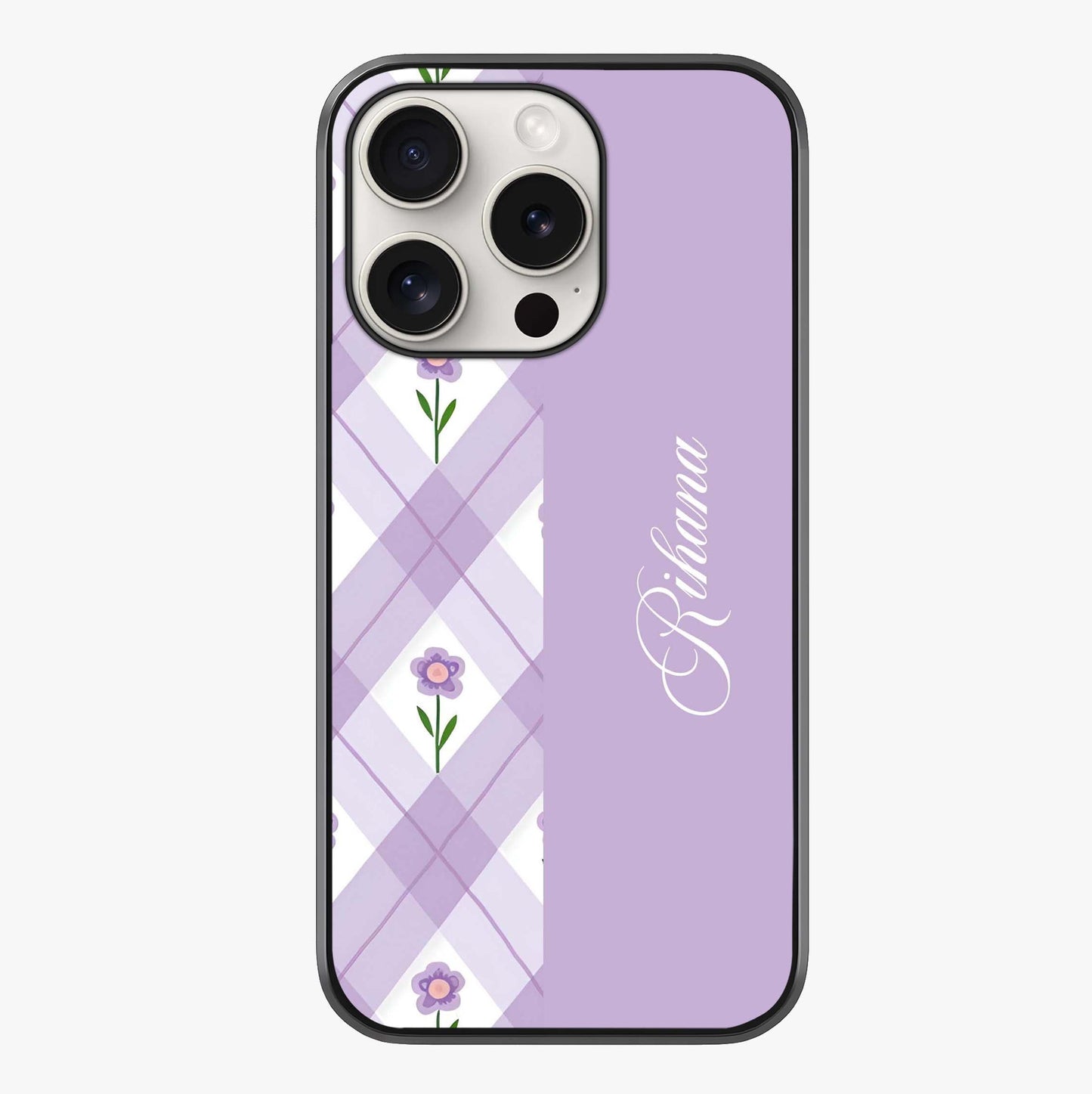 Purple Diamond Floral Glass Case showing full back design in clean flat view with glossy glass finish.