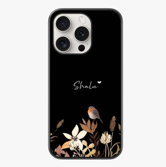 Quiet Garden Tune Custom Name Glass Case showing full back design in clean flat view with glossy glass finish.