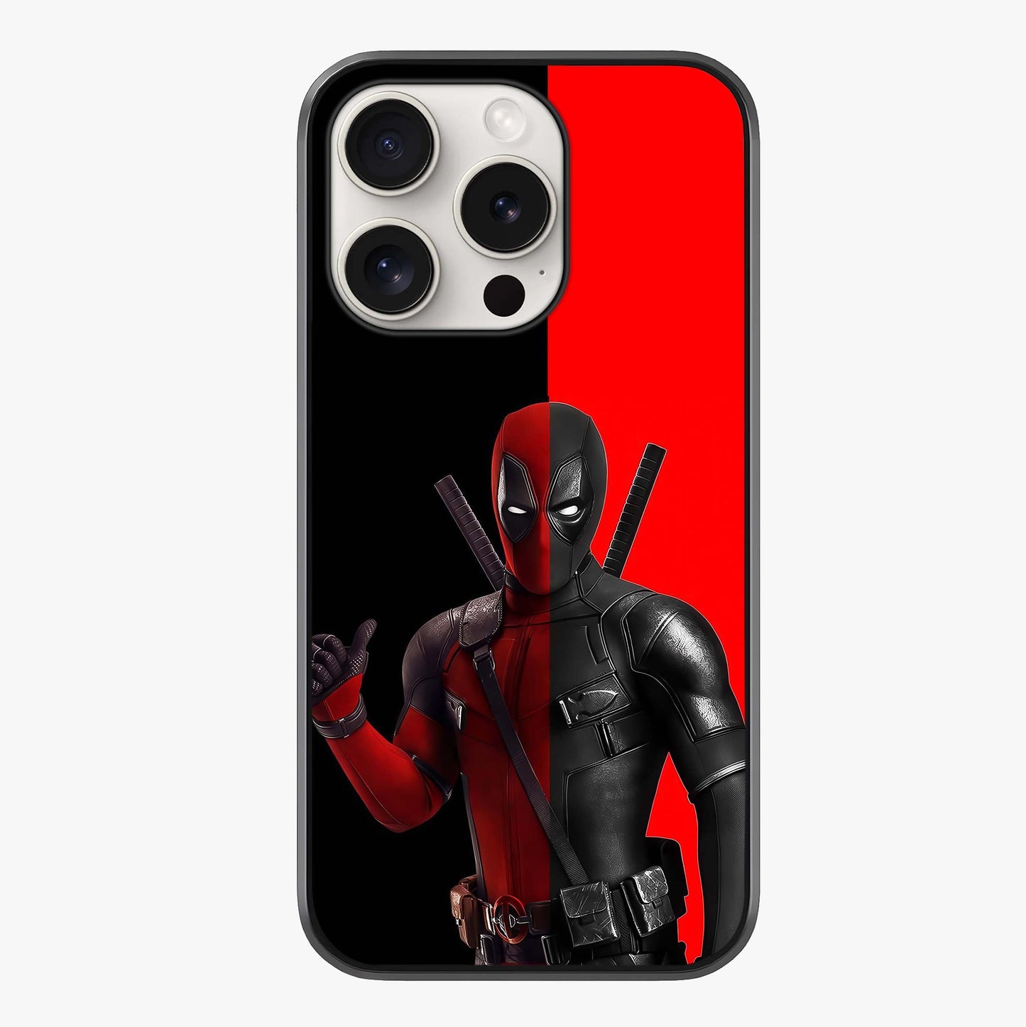 Red & Black Deadpool Theme Glass Case showing full back design in clean flat view with glossy glass finish.