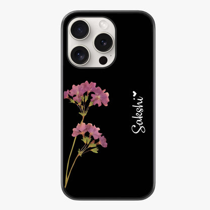 Riching Lavender Flower Custom Name Glass Case showing full back design in clean flat view with glossy glass finish.
