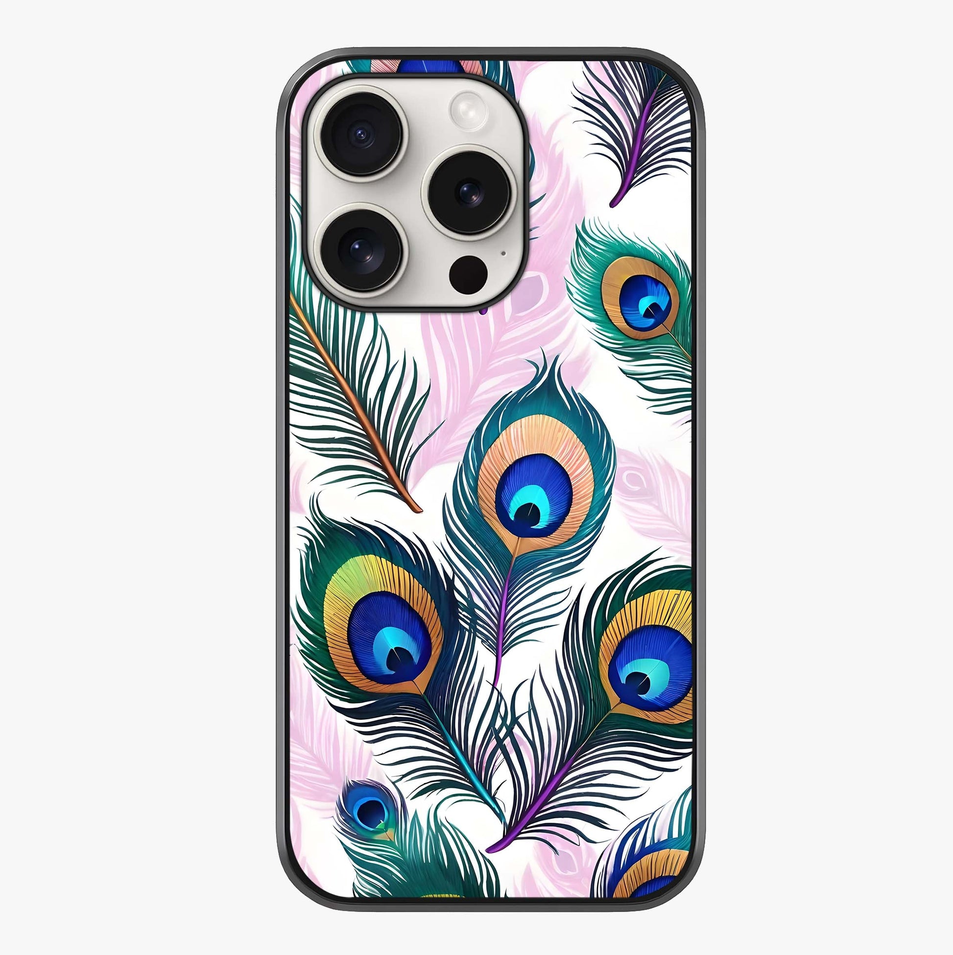 Royal Peacock Feathers Glass Case showing full back design in clean flat view with glossy glass finish.