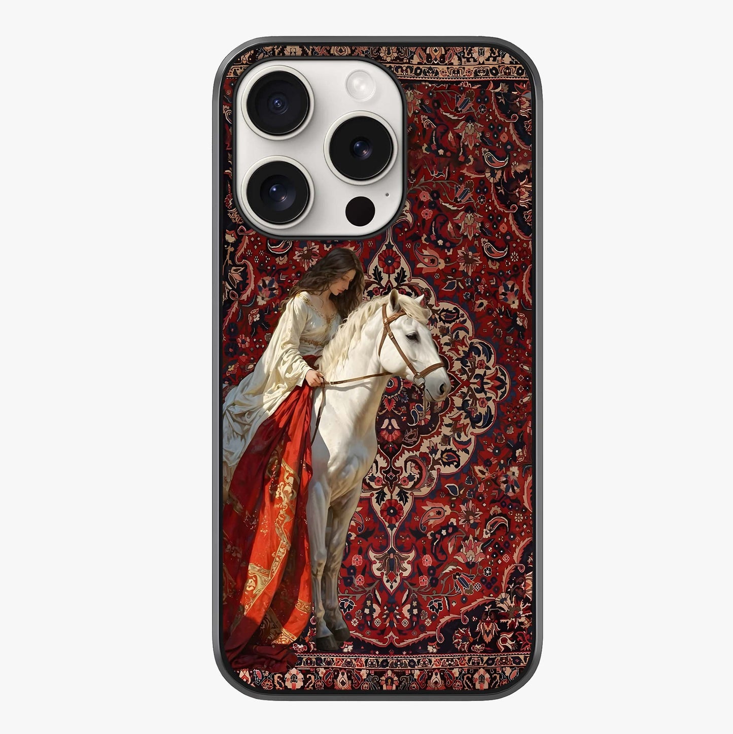 Royal Rider Tapestry Glass Case showing full back design in clean flat view with glossy glass finish.