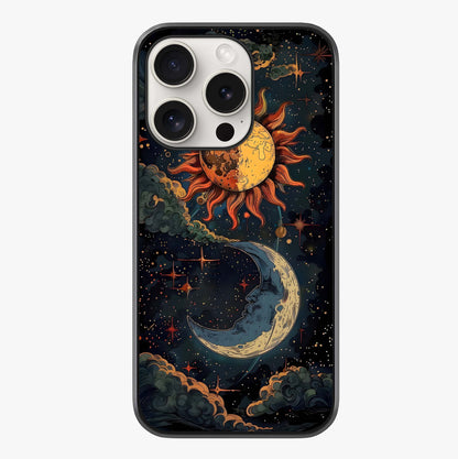 Sun And Moon Magic Design Glass Case showing full back design in clean flat view with glossy glass finish.