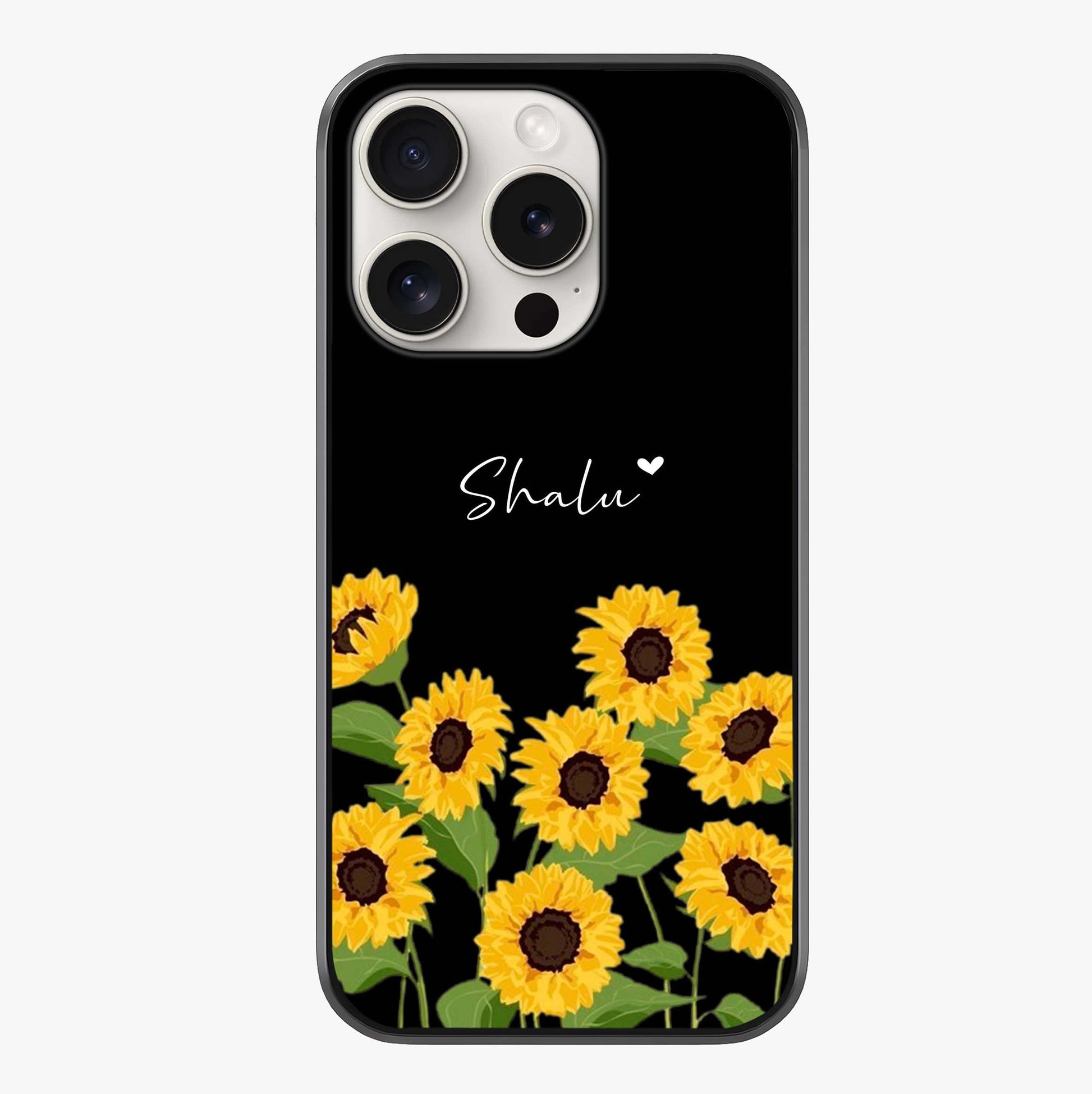 Sunflower Chic Mood Custom Name Glass Case showing full back design in clean flat view with glossy glass finish.