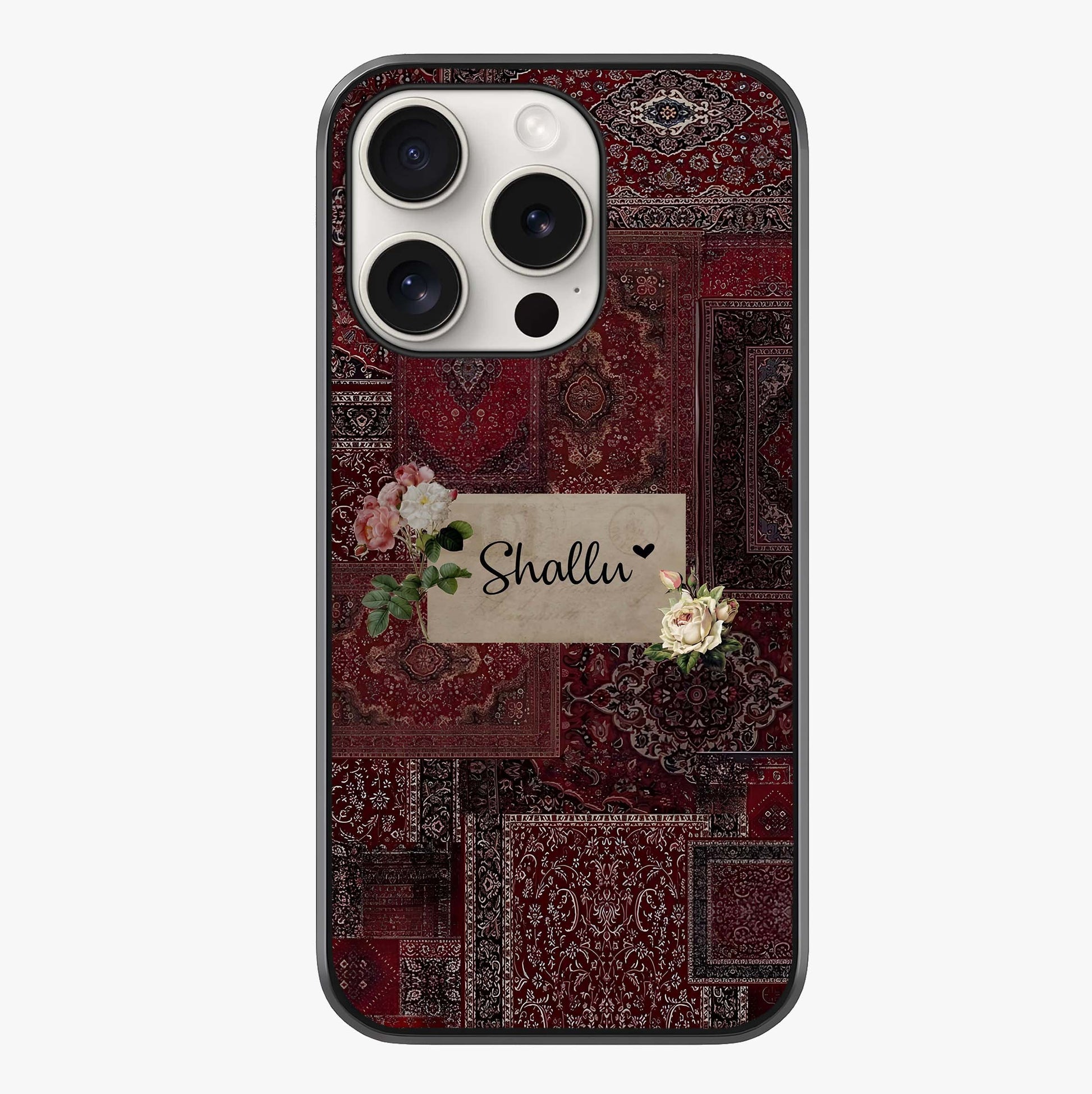 Velvet Wine Pattern Custom Name Glass Case showing full back design in clean flat view with glossy glass finish.
