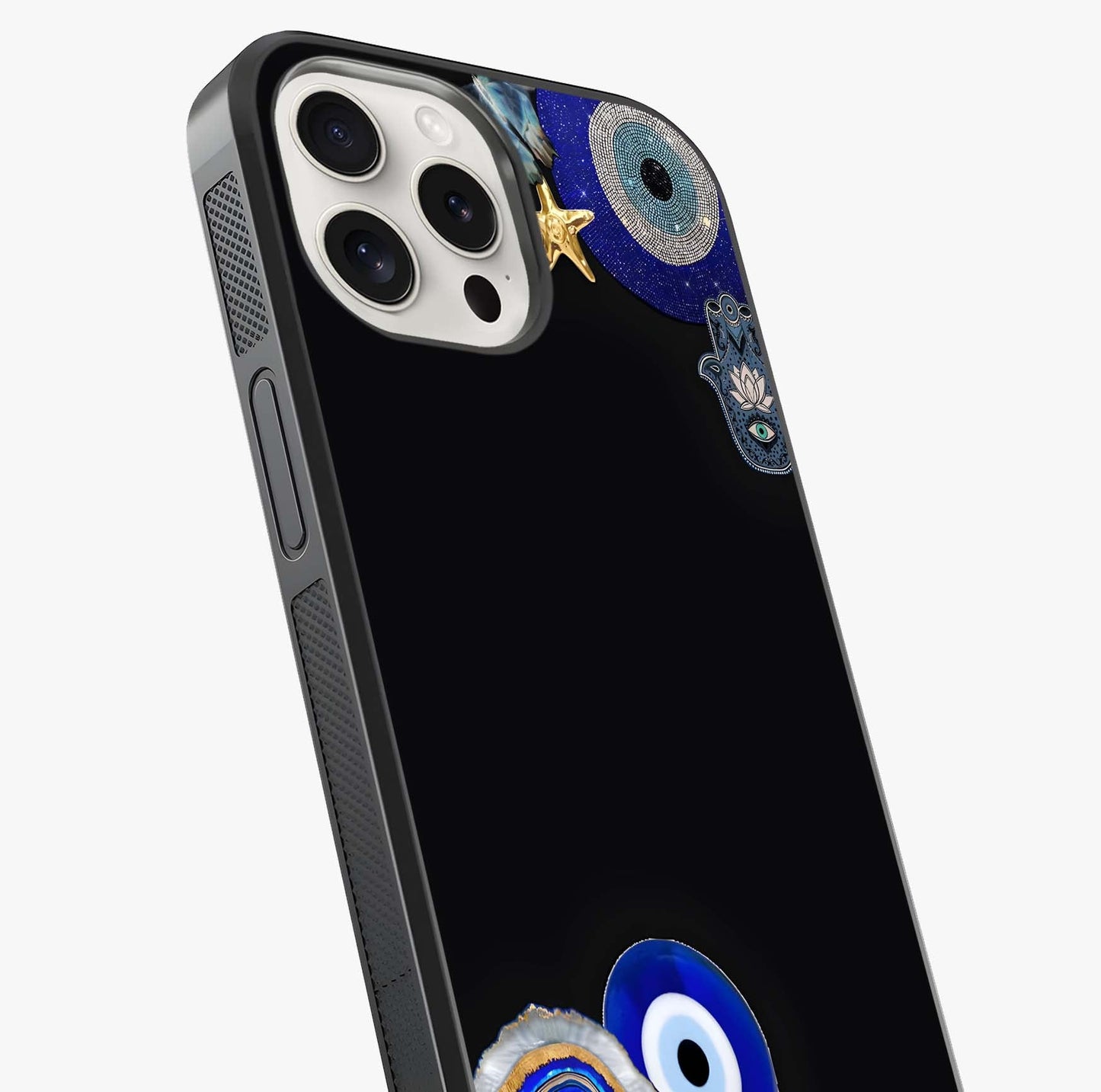 Aesthetic Blue Evil Eye Glass Case captured at a warm angle highlighting gloss, texture and premium glass finish.
