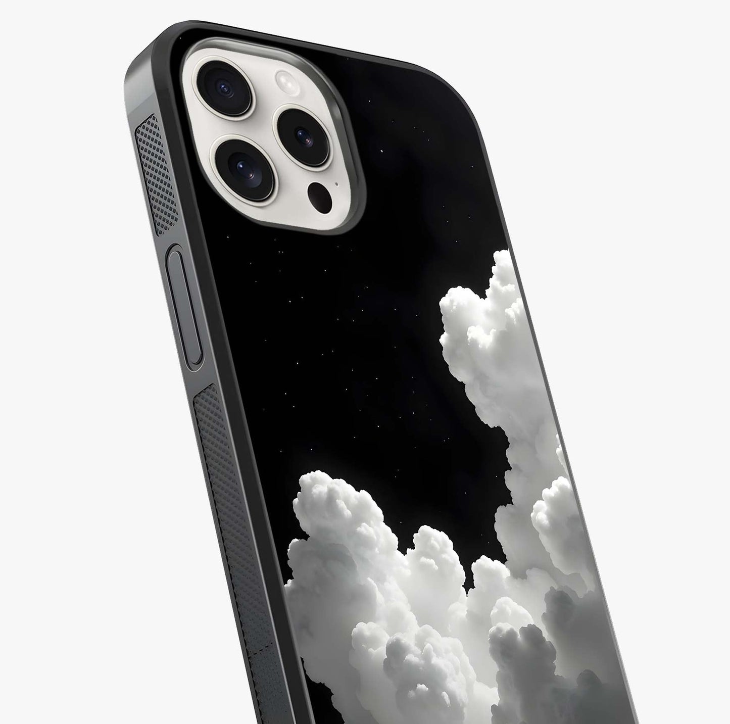 Black Background With White Cloud Glass Case captured at a warm angle highlighting gloss, texture and premium glass finish.
