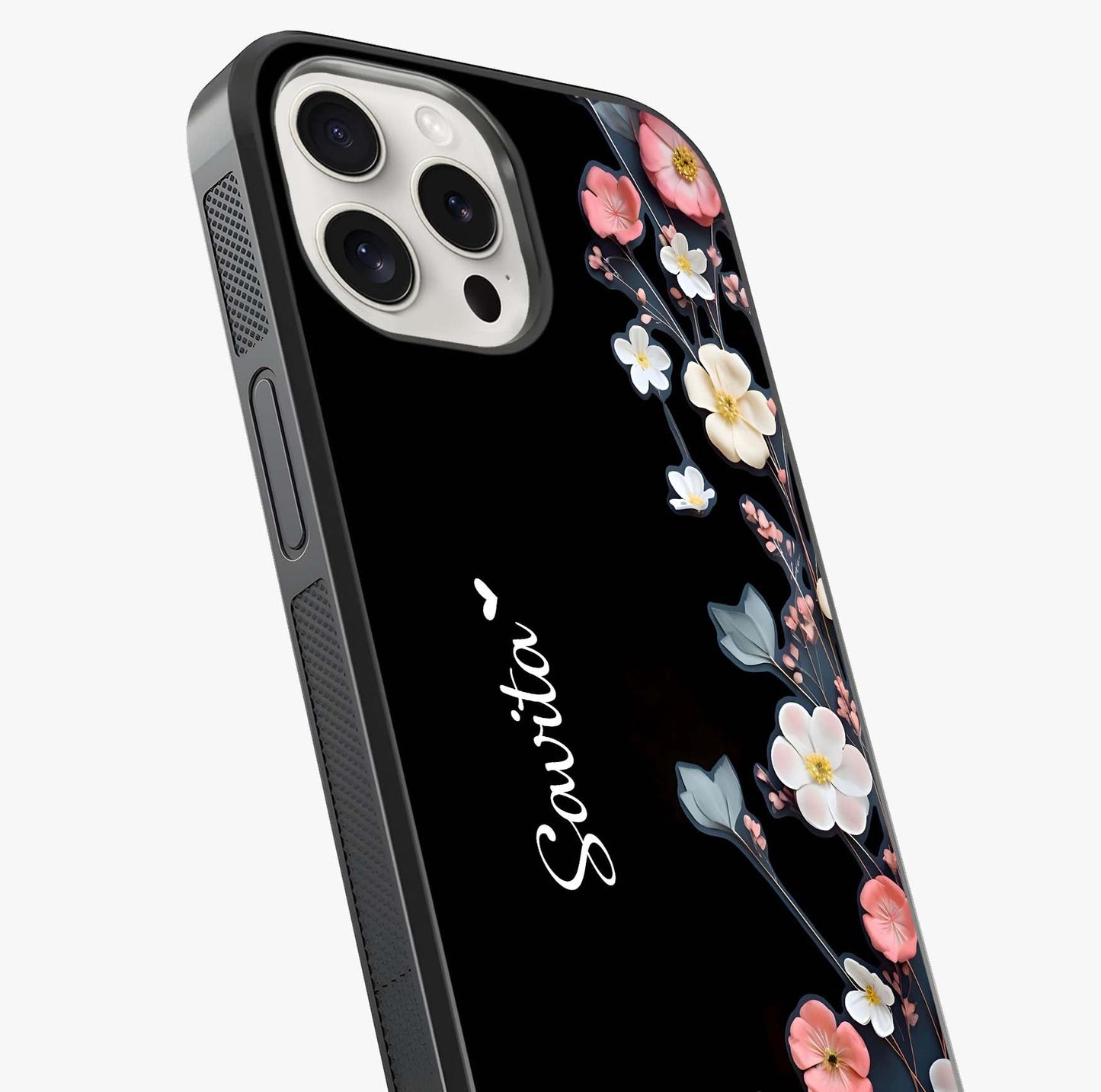 Black Elegance Floral Custom Name Glass Case captured at a warm angle highlighting gloss, texture and premium glass finish.