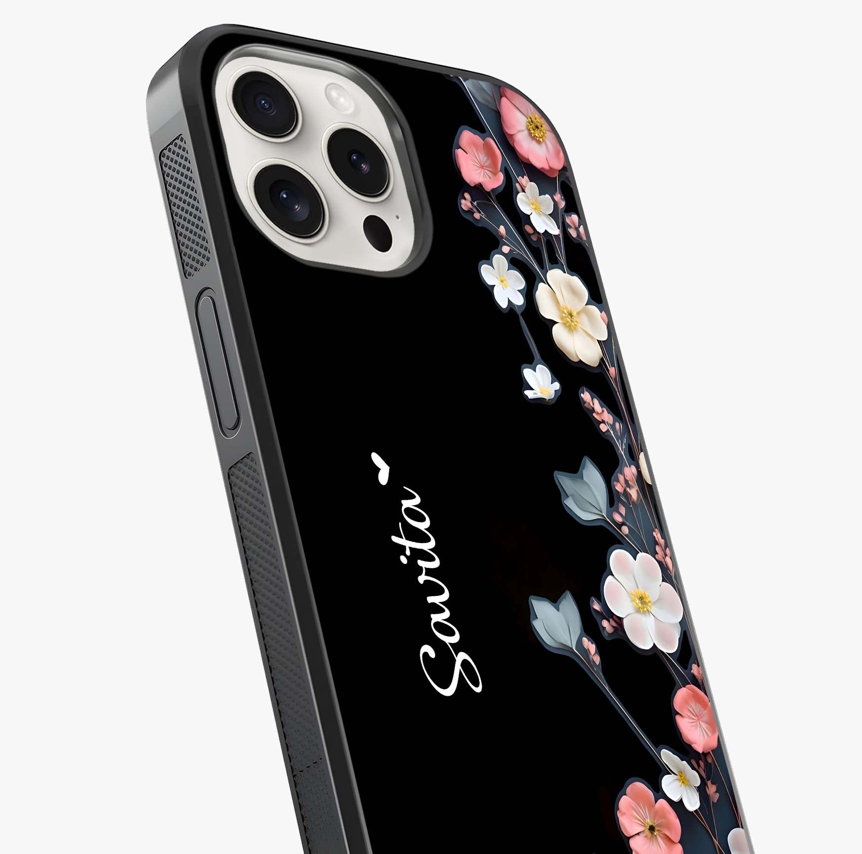 Black Elegance Floral Custom Name Glass Case captured at a warm angle highlighting gloss, texture and premium glass finish.