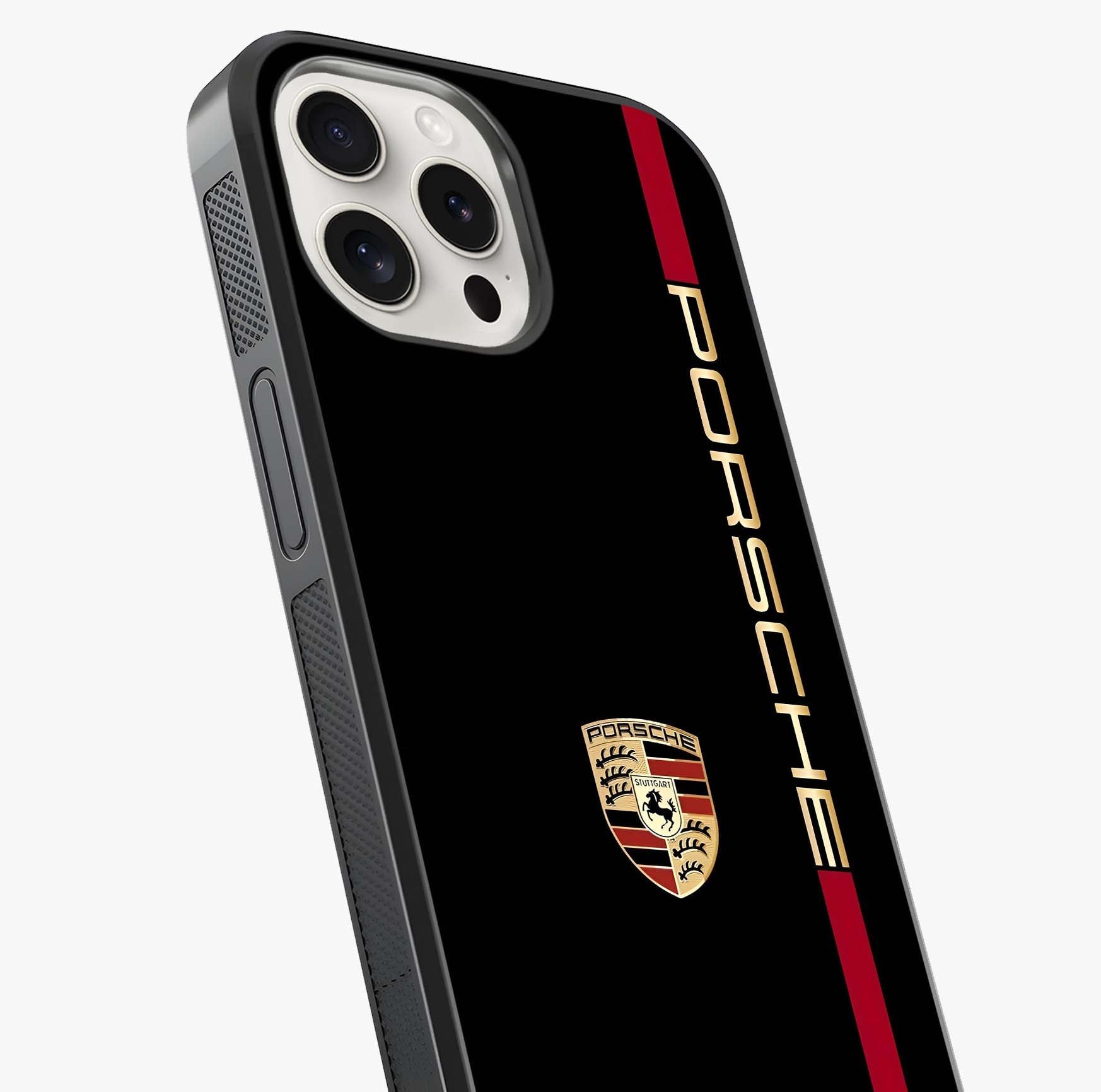 Black Minimal Porsche Glass Case captured at a warm angle highlighting gloss, texture and premium glass finish.
