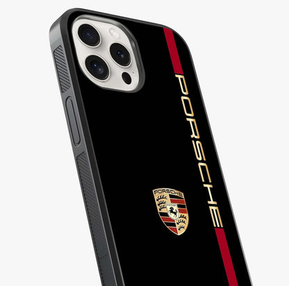 Black Minimal Porsche Glass Case captured at a warm angle highlighting gloss, texture and premium glass finish.