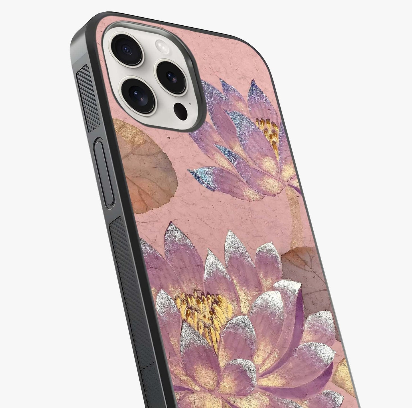 Blossom Mist Lotus Glass Case captured at a warm angle highlighting gloss, texture and premium glass finish.
