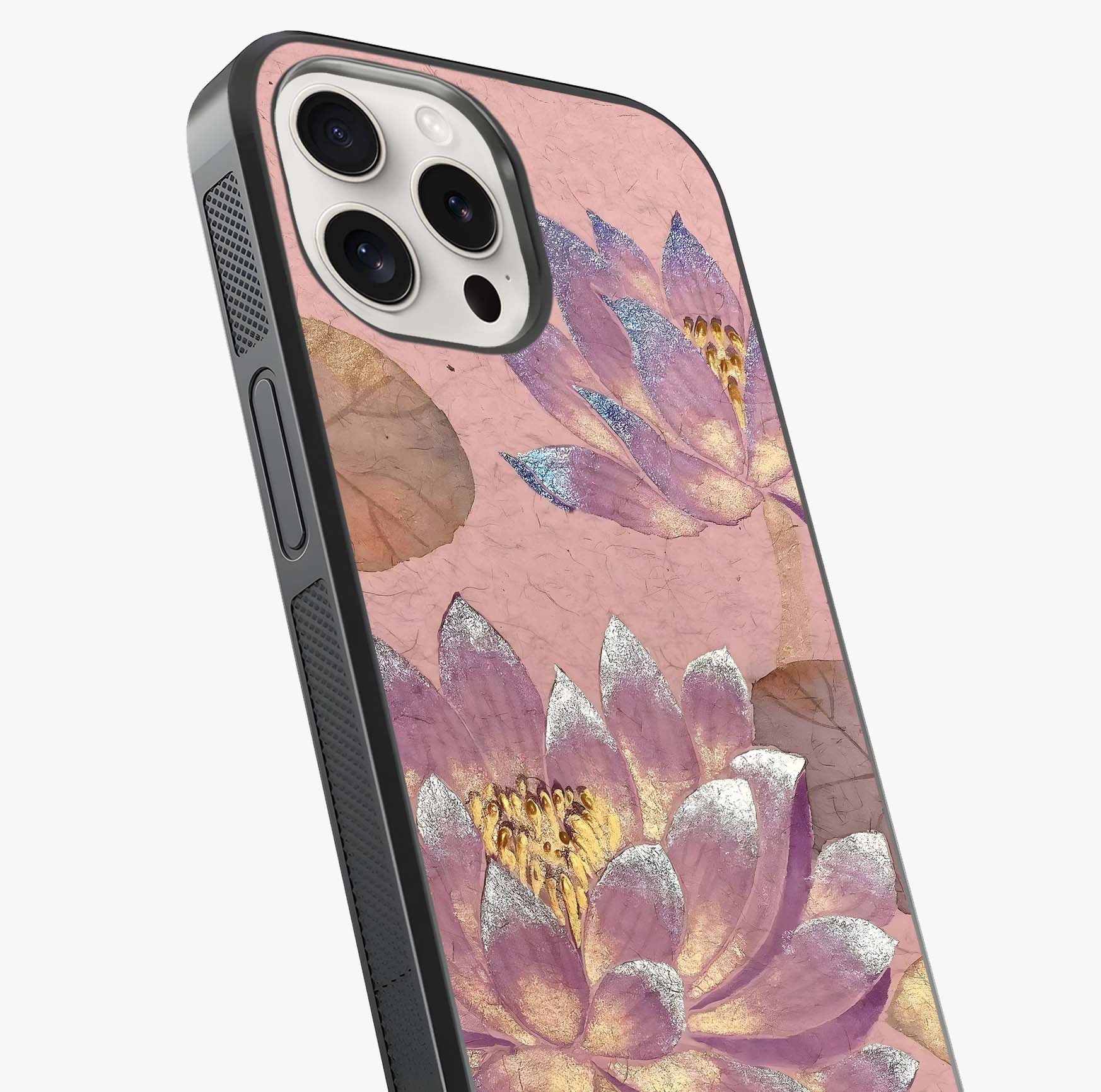 Blossom Mist Lotus Glass Case captured at a warm angle highlighting gloss, texture and premium glass finish.
