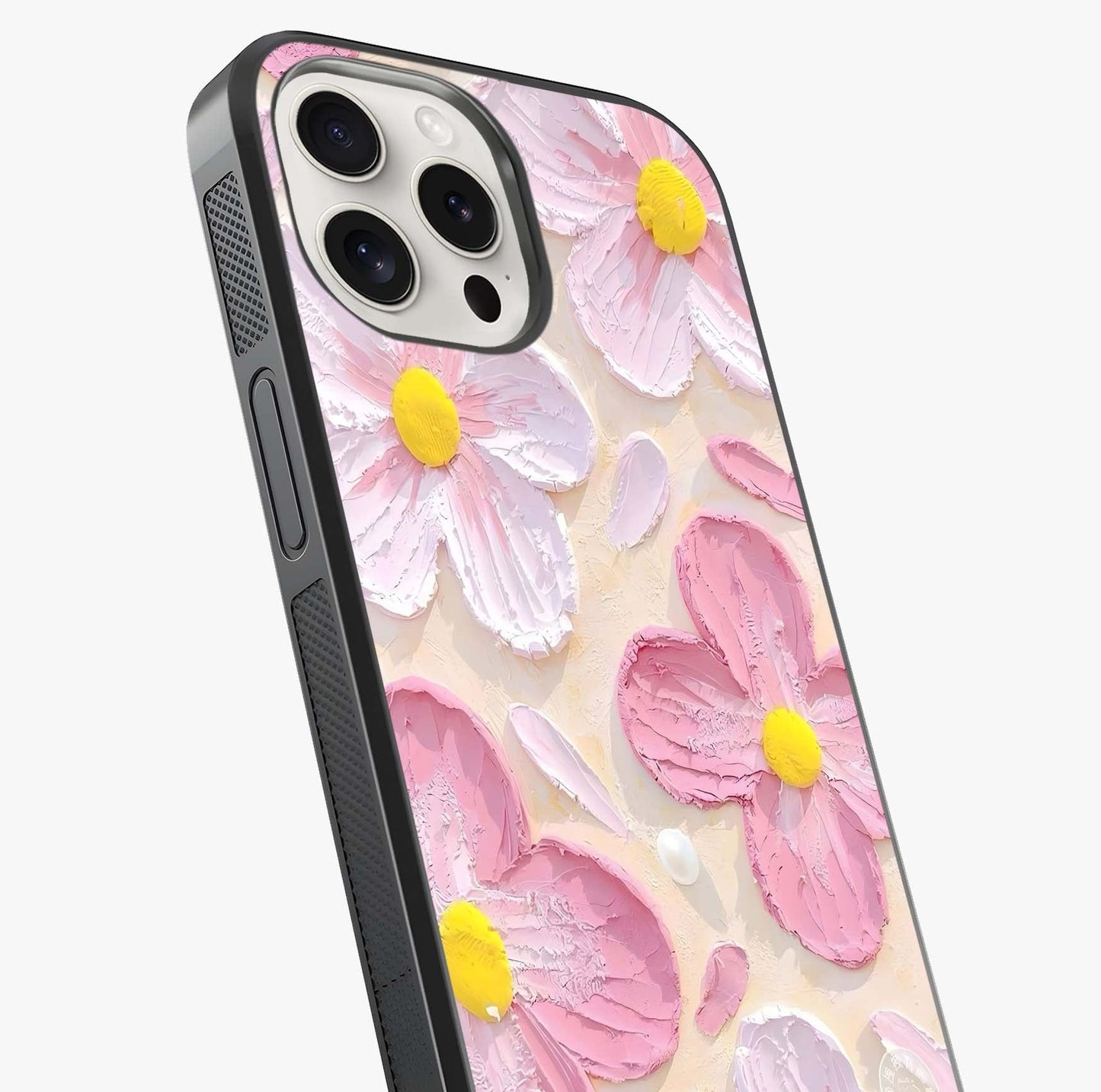 Blush Bloom Texture Glass Case captured at a warm angle highlighting gloss, texture and premium glass finish.