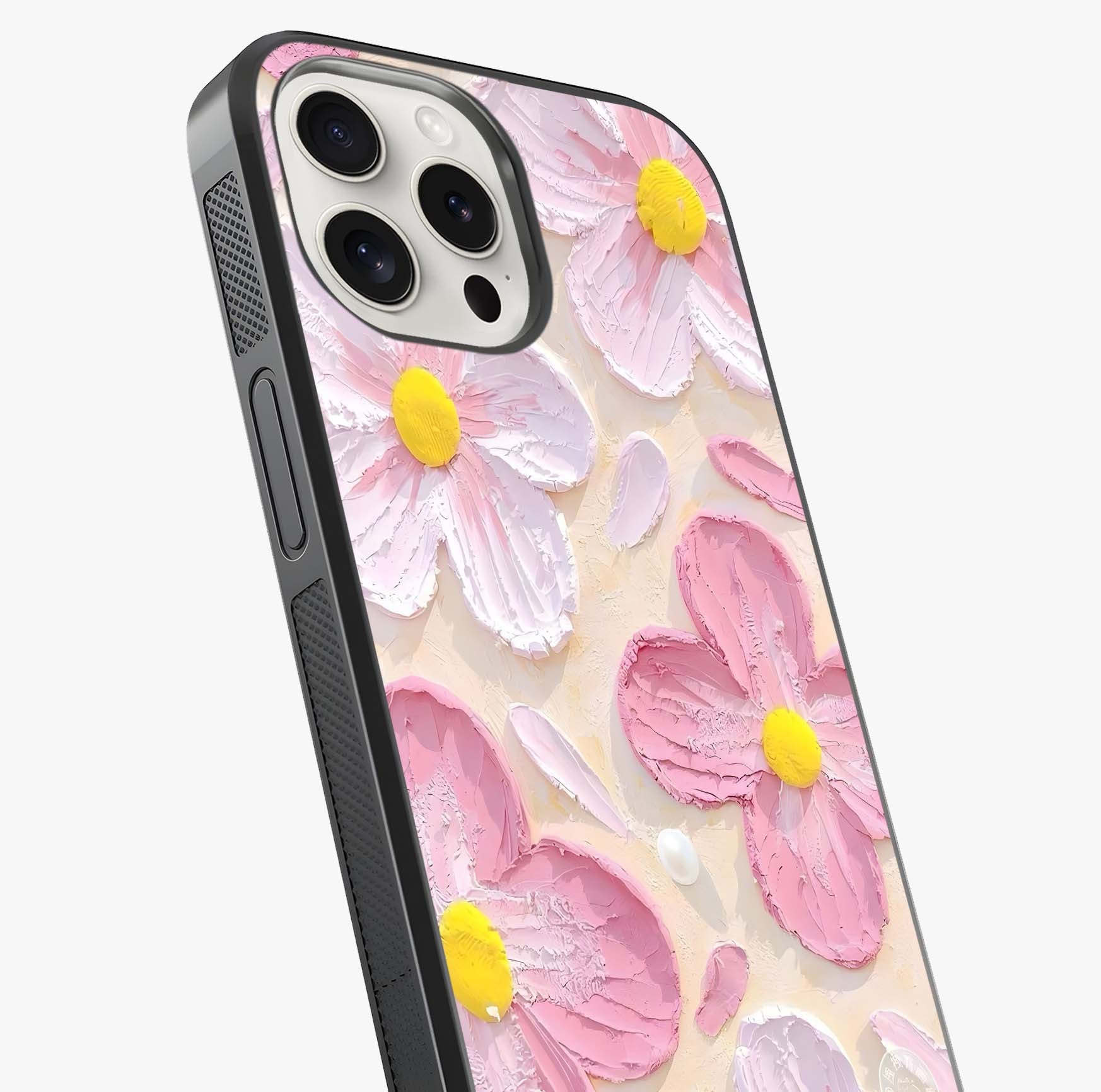 Blush Bloom Texture Glass Case captured at a warm angle highlighting gloss, texture and premium glass finish.