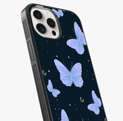 Butterfly With Stars Pattern Glass Case captured at a warm angle highlighting gloss, texture and premium glass finish.