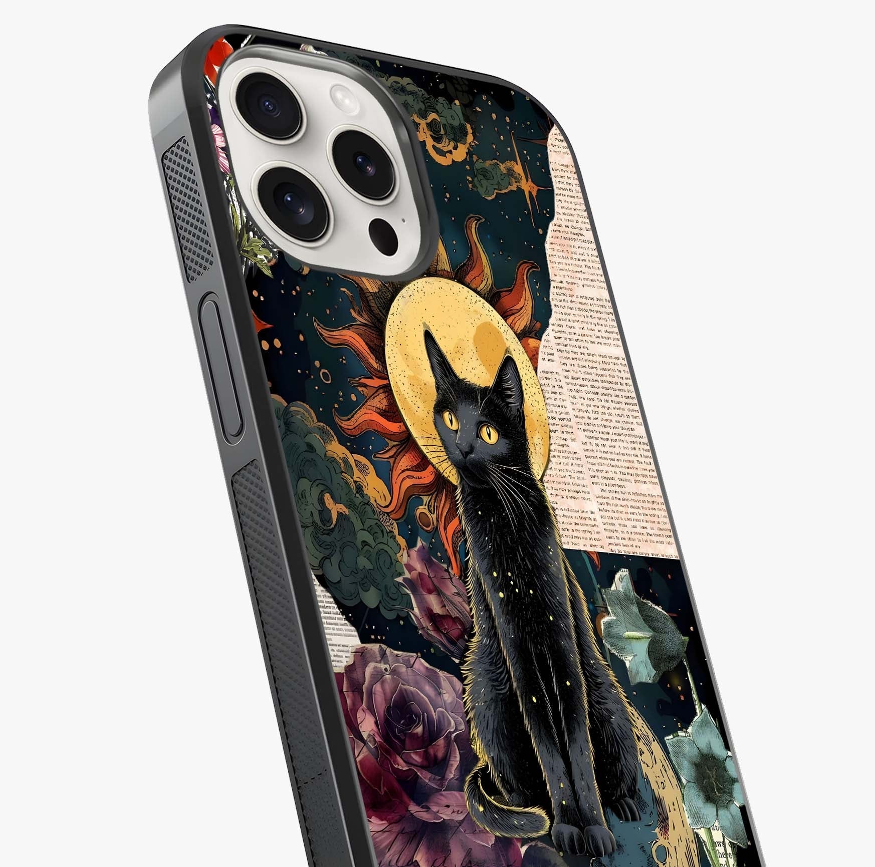 Celestial Black Cat Glass Case captured at a warm angle highlighting gloss, texture and premium glass finish.