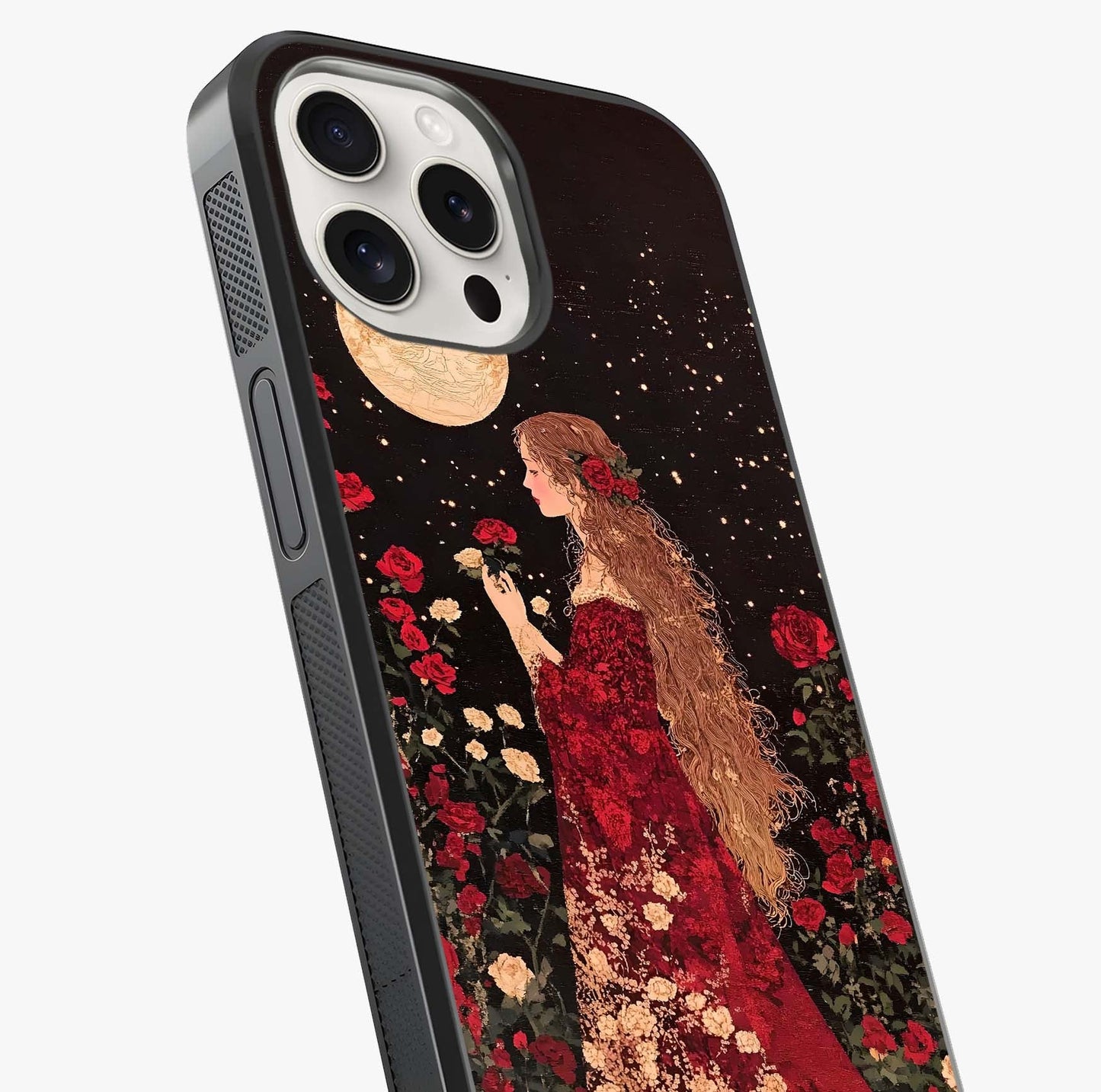 Crimson Dreams Glass Case captured at a warm angle highlighting gloss, texture and premium glass finish.