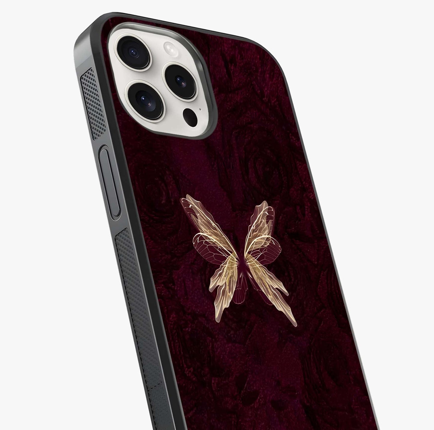 Crimson Fade Butterfly Glass Case captured at a warm angle highlighting gloss, texture and premium glass finish.
