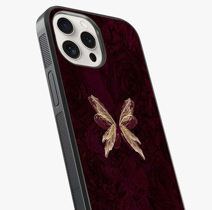 Crimson Fade Butterfly Glass Case captured at a warm angle highlighting gloss, texture and premium glass finish.