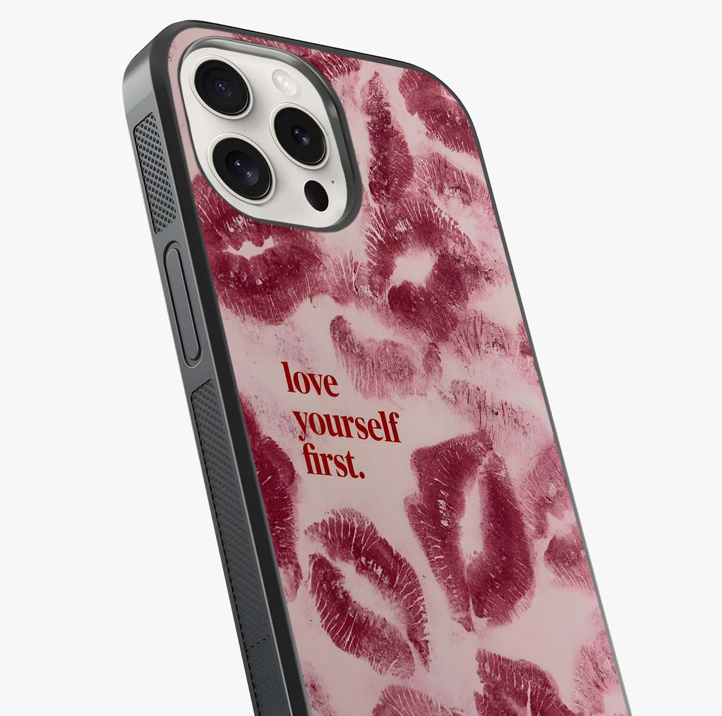 Crimson Kiss Love Glass Case captured at a warm angle highlighting gloss, texture and premium glass finish.
