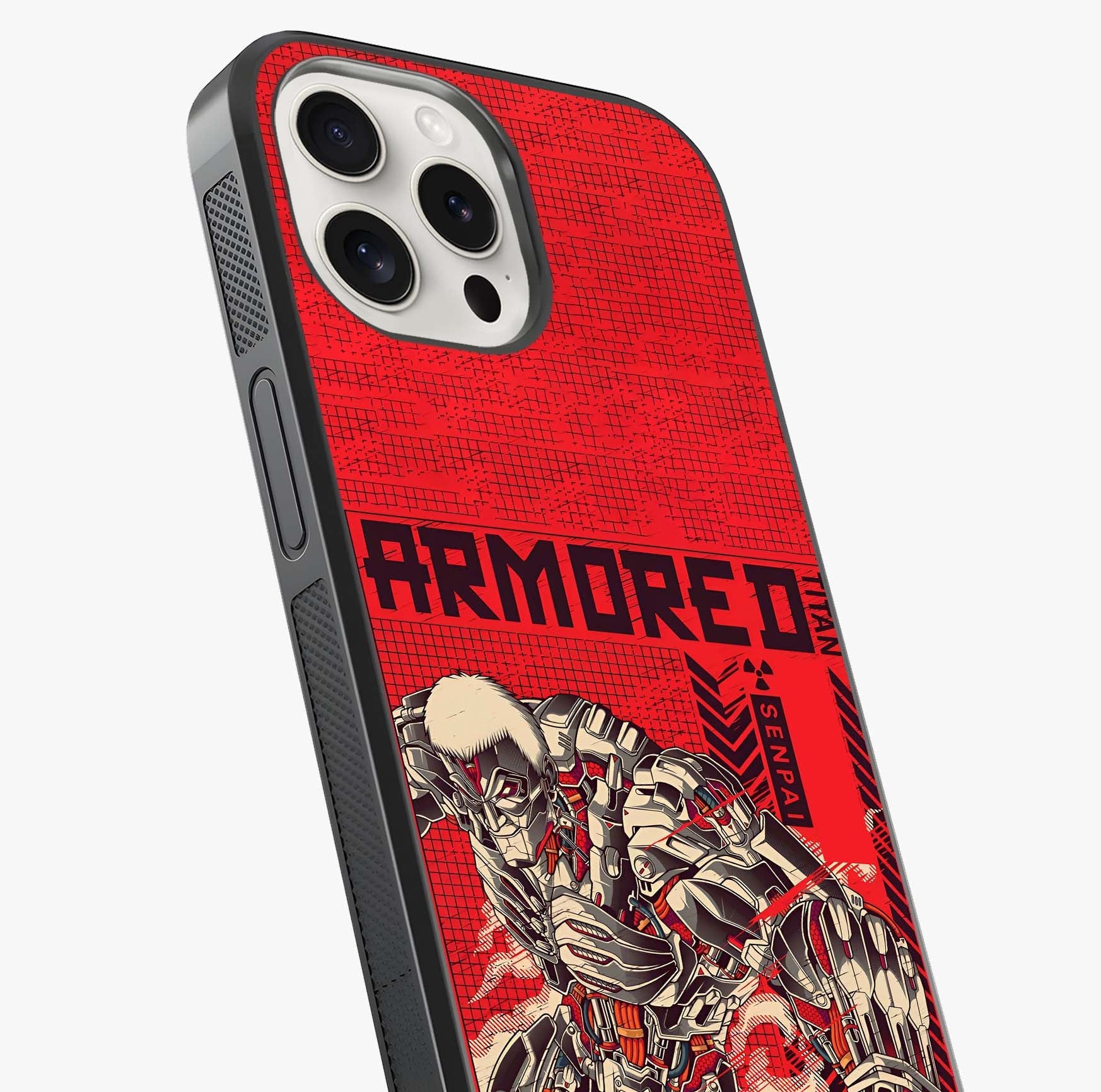 Crimson Mecha Titan Glass Case captured at a warm angle highlighting gloss, texture and premium glass finish.
