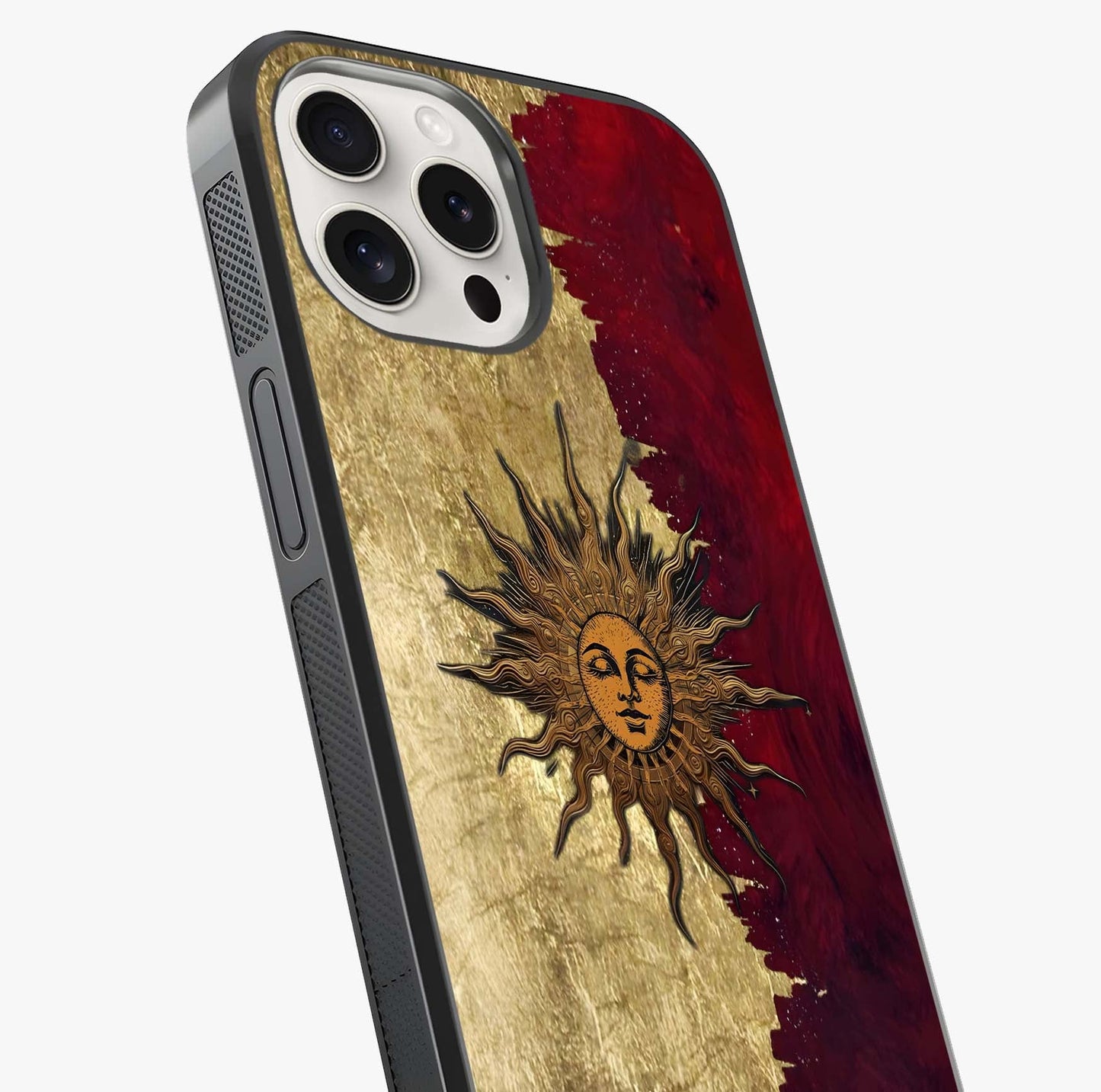 Crimson Sun Majesty Glass Case captured at a warm angle highlighting gloss, texture and premium glass finish.
