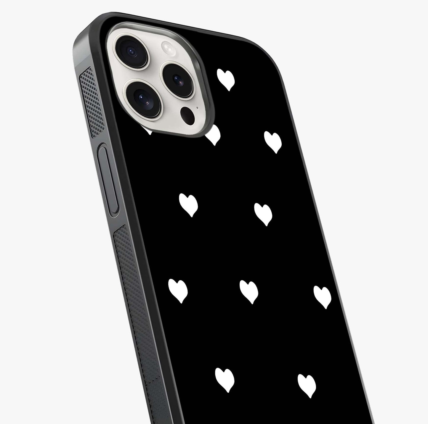Cute And Simple White Hearts Glass Case captured at a warm angle highlighting gloss, texture and premium glass finish.